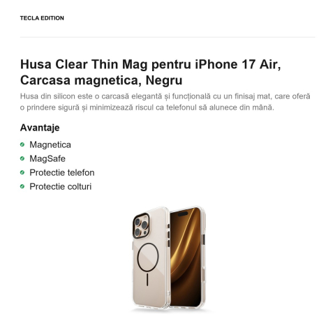 Husa Clear Thin Mag pentru iPhone 17 Air, Carcasa magnetica, Negru [1]