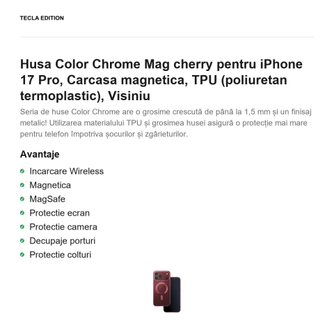 Husa Color Chrome Mag cherry pentru iPhone 17 Pro, Carcasa magnetica, TPU (poliuretan termoplastic), Visiniu [1]
