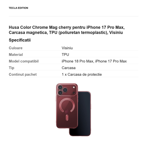 Husa Color Chrome Mag cherry pentru iPhone 17 Pro Max, Carcasa magnetica, TPU (poliuretan termoplastic), Visiniu [2]
