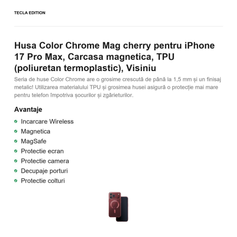 Husa Color Chrome Mag cherry pentru iPhone 17 Pro Max, Carcasa magnetica, TPU (poliuretan termoplastic), Visiniu [1]