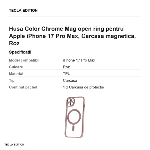 Husa Color Chrome Mag open ring pentru Apple iPhone 17 Pro Max, Carcasa magnetica, Roz [2]