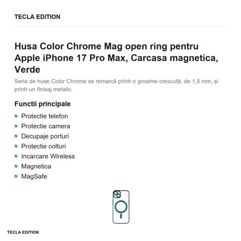 Husa Color Chrome Mag open ring pentru Apple iPhone 17 Pro Max, Carcasa magnetica, Verde [1]