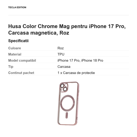Husa Color Chrome Mag pentru iPhone 17 Pro, Carcasa magnetica, Roz [2]