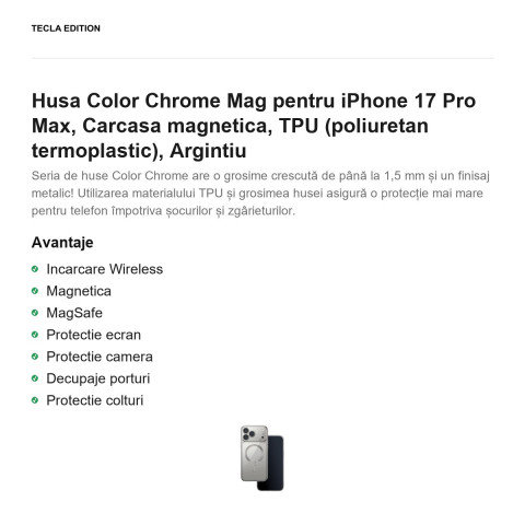 Husa Color Chrome Mag pentru iPhone 17 Pro Max, Carcasa magnetica, TPU (poliuretan termoplastic), Argintiu [1]