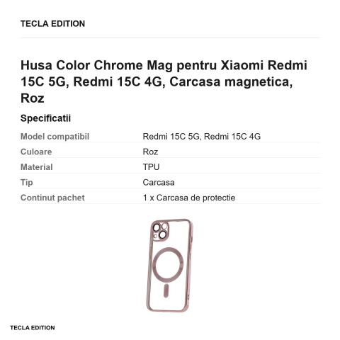 Husa Color Chrome Mag pentru Xiaomi Redmi 15C 5G, Redmi 15C 4G, Carcasa magnetica, Roz [2]