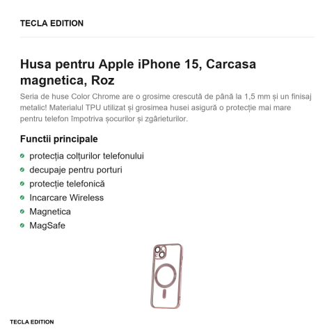 Husa Color Chrome Mag rose pentru Apple iPhone 15, Carcasa magnetica, Roz [1]