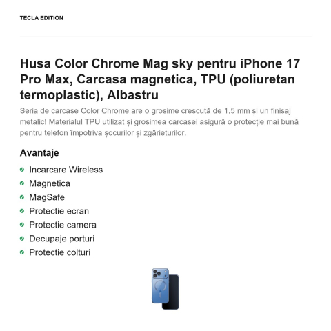 Husa Color Chrome Mag sky pentru iPhone 17 Pro Max, Carcasa magnetica, TPU (poliuretan termoplastic), Albastru [1]