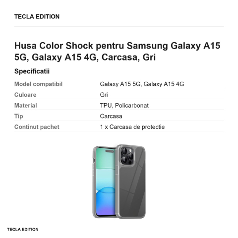 Husa Color Shock pentru Samsung Galaxy A15 5G, Galaxy A15 4G, Carcasa, Gri [2]