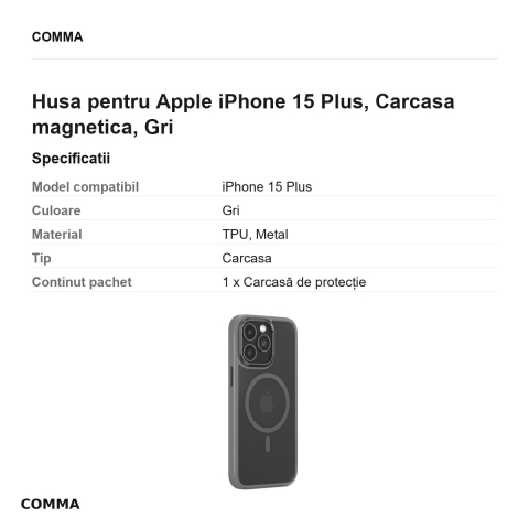 Husa Comma Joy Elegant Mag pentru Apple iPhone 15 Plus, Carcasa magnetica, Gri [2]