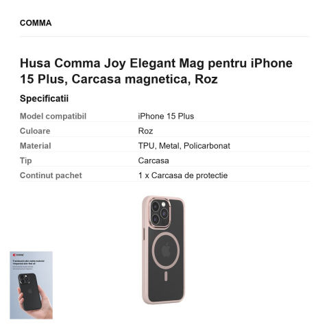 Husa Comma Joy Elegant Mag pentru iPhone 15 Plus, Carcasa magnetica, Roz [2]