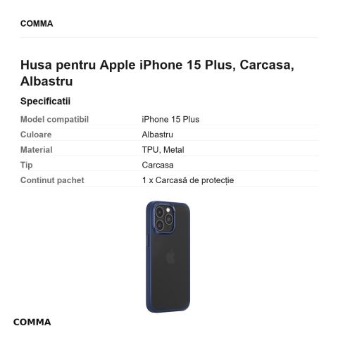 Husa Comma Joy Elegant pentru Apple iPhone 15 Plus, Carcasa, Albastru [2]