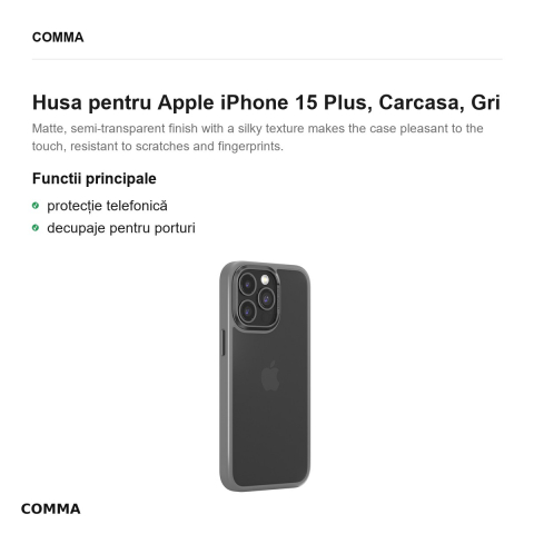 Husa Comma Joy Elegant pentru Apple iPhone 15 Plus, Carcasa, Gri [1]