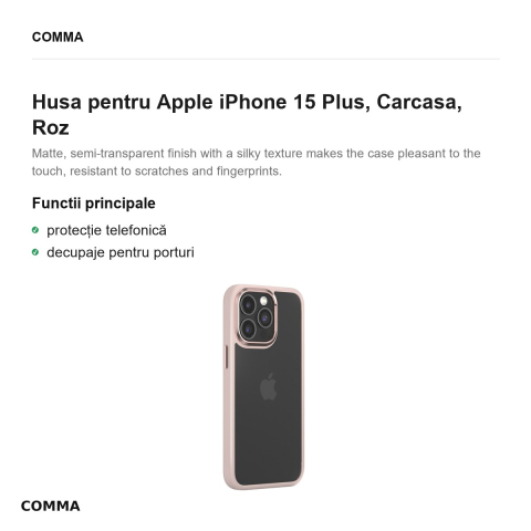 Husa Comma Joy Elegant pentru Apple iPhone 15 Plus, Carcasa, Roz [1]