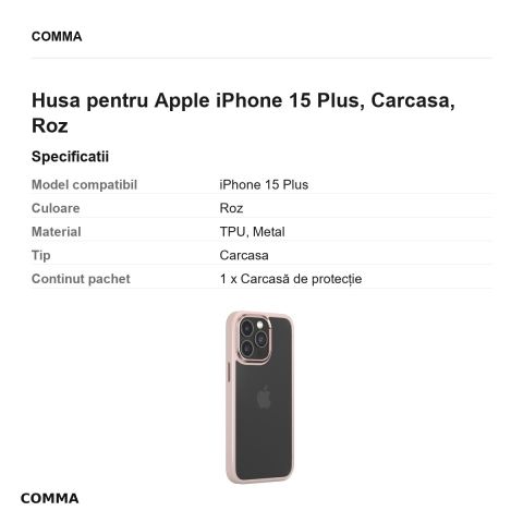 Husa Comma Joy Elegant pentru Apple iPhone 15 Plus, Carcasa, Roz [2]