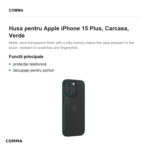 Husa Comma Joy Elegant pentru Apple iPhone 15 Plus, Carcasa, Verde [1]