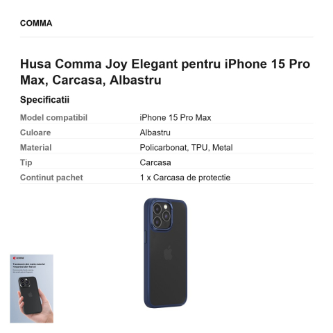 Husa Comma Joy Elegant pentru iPhone 15 Pro Max, Carcasa, Albastru [2]