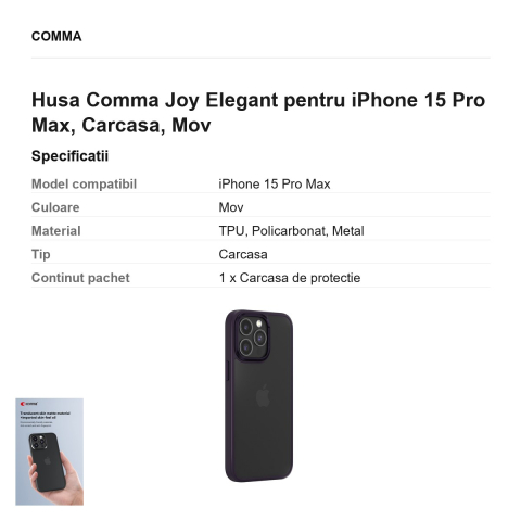 Husa Comma Joy Elegant pentru iPhone 15 Pro Max, Carcasa, Mov [2]