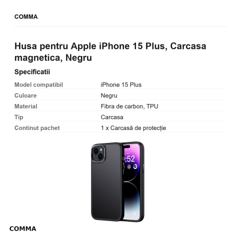 Husa Comma Kevlar Mag pentru Apple iPhone 15 Plus, Carcasa magnetica, Negru [2]