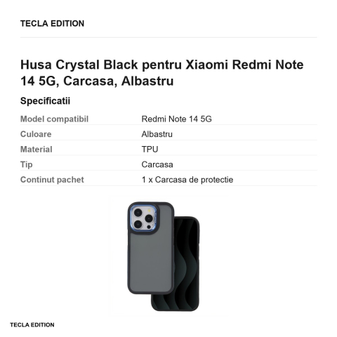 Husa Crystal Black pentru Xiaomi Redmi Note 14 5G, Carcasa, Albastru [2]