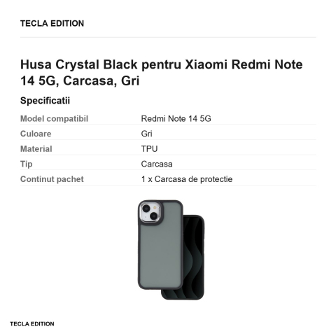 Husa Crystal Black pentru Xiaomi Redmi Note 14 5G, Carcasa, Gri [2]