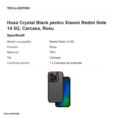 Husa Crystal Black pentru Xiaomi Redmi Note 14 5G, Carcasa, Rosu [2]