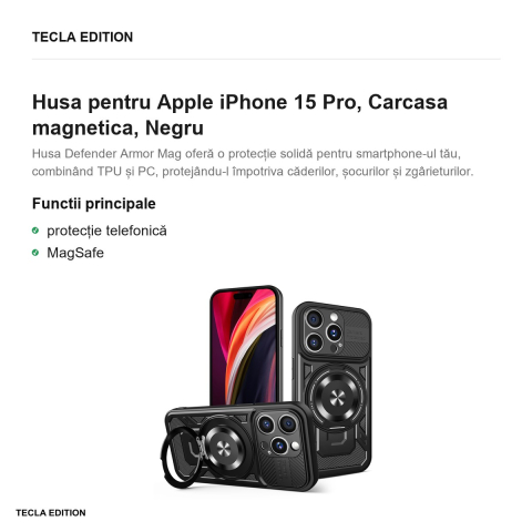 Husa Defender Armor Mag pentru Apple iPhone 15 Pro, Carcasa magnetica, Negru [1]