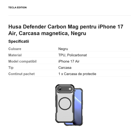 Husa Defender Carbon Mag pentru iPhone 17 Air, Carcasa magnetica, Negru [2]