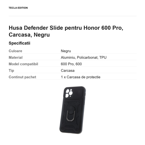 Husa Defender Slide pentru Honor 600 Pro, Carcasa, Negru [2]