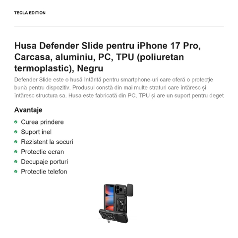 Husa Defender Slide pentru iPhone 17 Pro, Carcasa, aluminiu, PC, TPU (poliuretan termoplastic), Negru [1]
