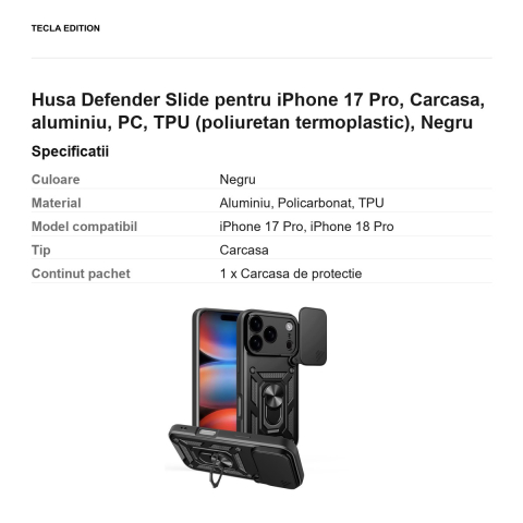 Husa Defender Slide pentru iPhone 17 Pro, Carcasa, aluminiu, PC, TPU (poliuretan termoplastic), Negru [2]