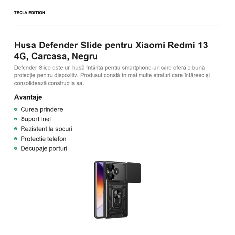 Husa Defender Slide pentru Xiaomi Redmi 13 4G, Carcasa, Negru [1]