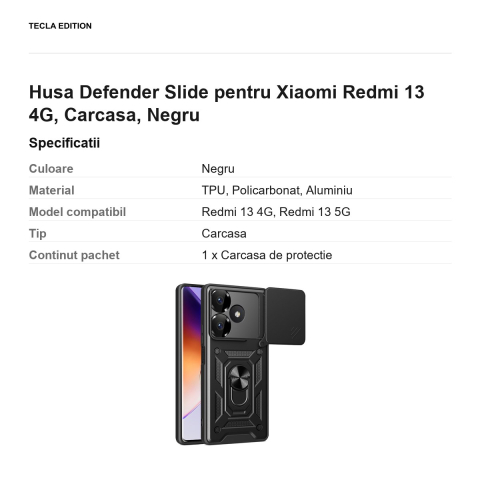 Husa Defender Slide pentru Xiaomi Redmi 13 4G, Carcasa, Negru [2]