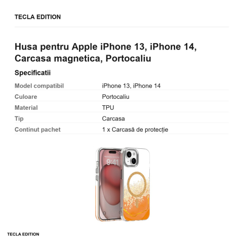 Husa Epoxy Mag pentru Apple iPhone 13, iPhone 14, Carcasa magnetica, Portocaliu [2]