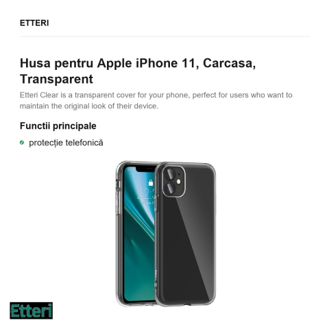 Husa Etteri Clear pentru Apple iPhone 11, Carcasa, Transparent [1]