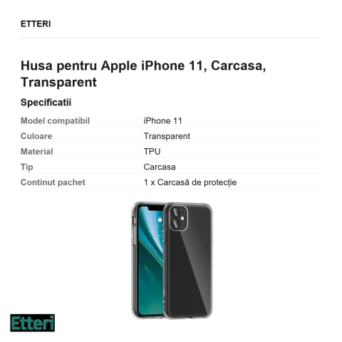 Husa Etteri Clear pentru Apple iPhone 11, Carcasa, Transparent [2]