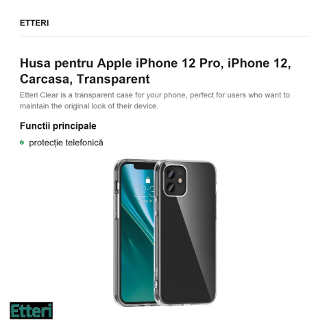 Husa Etteri Clear pentru Apple iPhone 12 Pro, iPhone 12, Carcasa, Transparent [1]
