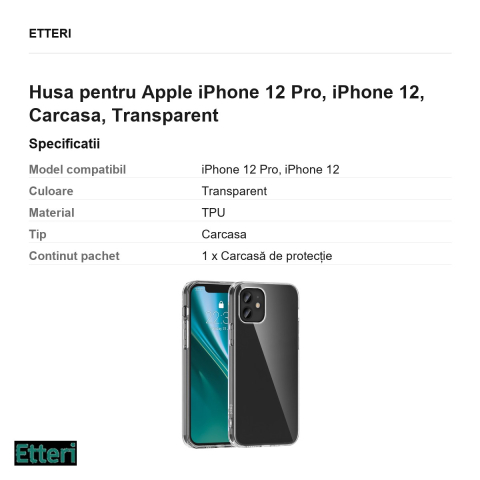 Husa Etteri Clear pentru Apple iPhone 12 Pro, iPhone 12, Carcasa, Transparent [2]