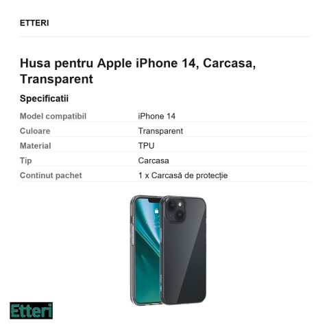 Husa Etteri Clear pentru Apple iPhone 14, Carcasa, Transparent [2]