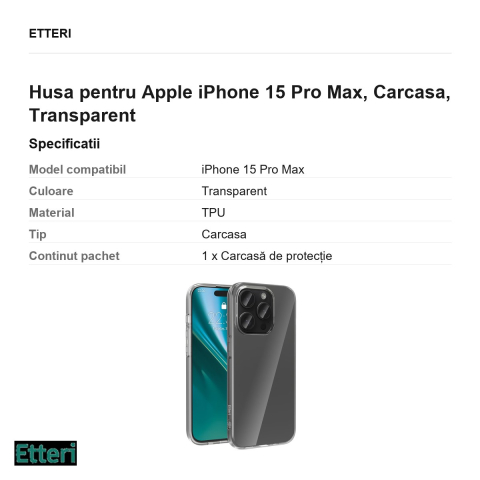 Husa Etteri Clear pentru Apple iPhone 15 Pro Max, Carcasa, Transparent [2]