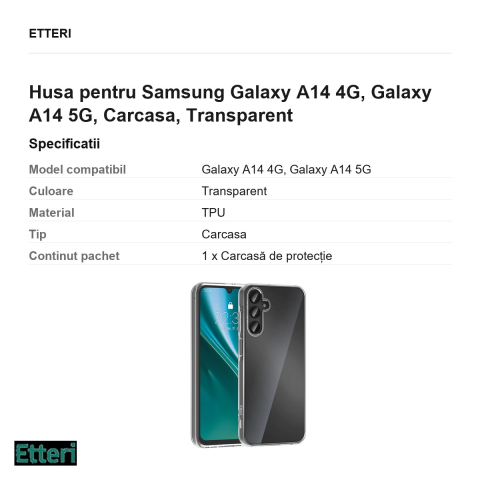 Husa Etteri Clear pentru Samsung Galaxy A14 4G, Galaxy A14 5G, Carcasa, Transparent [2]