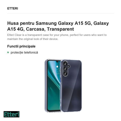 Husa Etteri Clear pentru Samsung Galaxy A15 5G, Galaxy A15 4G, Carcasa, Transparent [1]