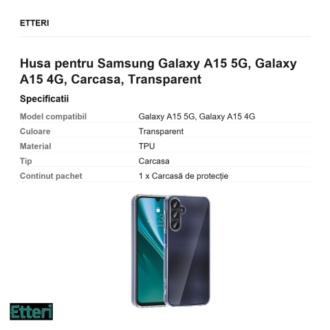 Husa Etteri Clear pentru Samsung Galaxy A15 5G, Galaxy A15 4G, Carcasa, Transparent [2]