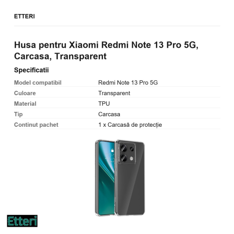 Husa Etteri Clear pentru Xiaomi Redmi Note 13 Pro 5G, Carcasa, Transparent [2]
