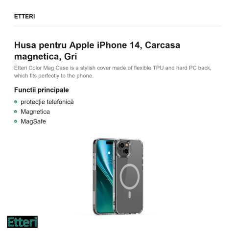 Husa Etteri Color Mag pentru Apple iPhone 14, Carcasa magnetica, Gri [1]