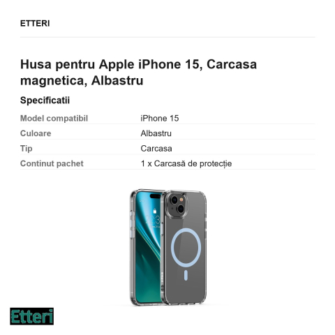 Husa Etteri Color Mag pentru Apple iPhone 15, Carcasa magnetica, Albastru [2]