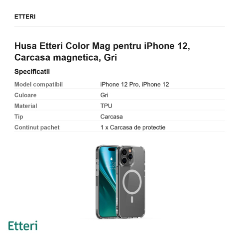 Husa Etteri Color Mag pentru iPhone 12, Carcasa magnetica, Gri [2]