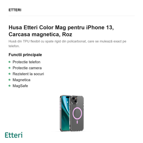 Husa Etteri Color Mag pentru iPhone 13, Carcasa magnetica, Roz [1]
