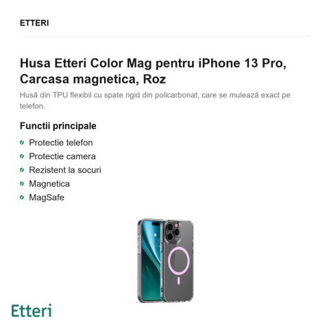 Husa Etteri Color Mag pentru iPhone 13 Pro, Carcasa magnetica, Roz [1]