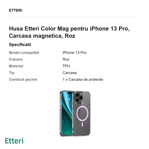 Husa Etteri Color Mag pentru iPhone 13 Pro, Carcasa magnetica, Roz [2]
