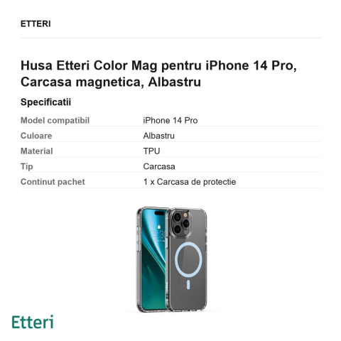 Husa Etteri Color Mag pentru iPhone 14 Pro, Carcasa magnetica, Albastru [2]
